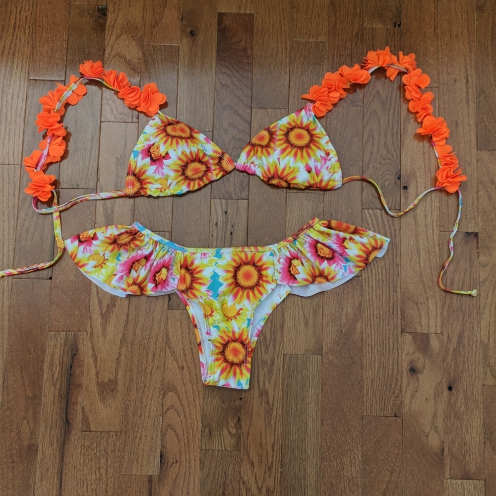 Sunflower bikini, neon orange flower straps, small